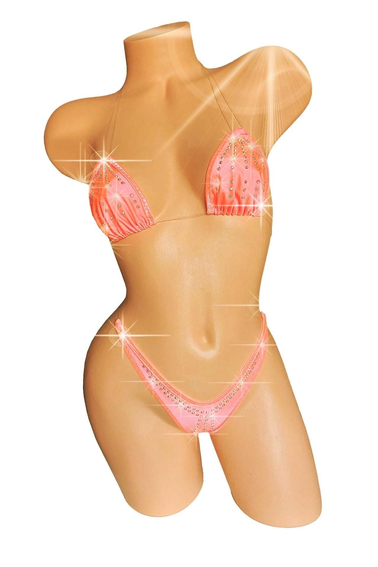 Georgia Peach Rhinestone Thong Bikini, Clear Strap, Glows in Black Light