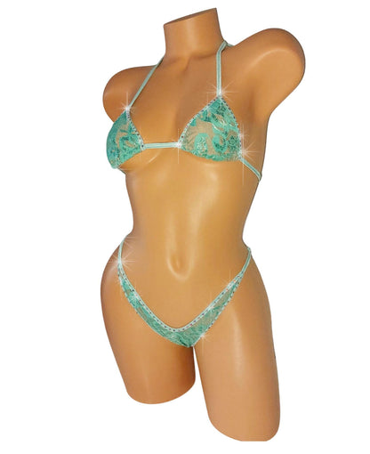 Seafoam Lace Rhinestone Bikini – Rave Dancewear, XS-XL - Lined or Unlined