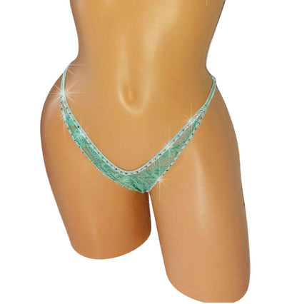 Seafoam Lace Rhinestone Thong G-string   ***   Adjustable waist straps   ***