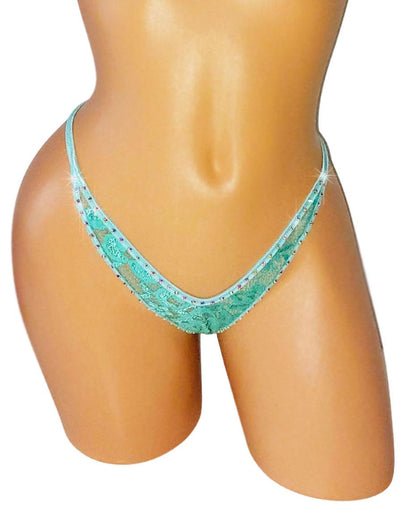 Seafoam Lace Rhinestone Thong G-string   ***   Adjustable waist straps   ***