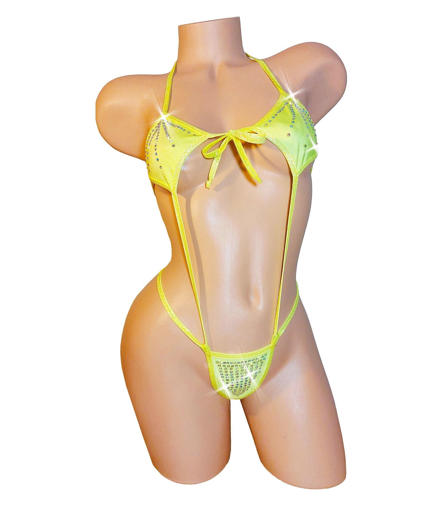 Rhinestone Slingshot one piece stripper monokini bikini - adjustable straps