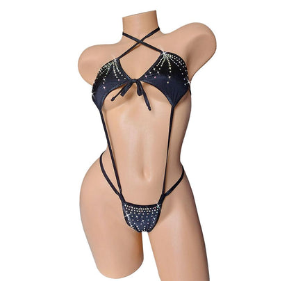 Rhinestone Slingshot one piece stripper monokini bikini - adjustable straps