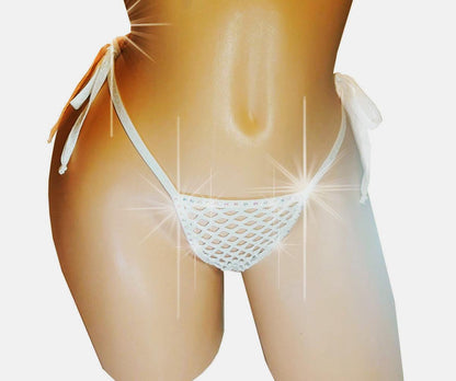 Bridal White Rhinestone Fishnet Thong, Tie Side G-String * Lined or Unlined
