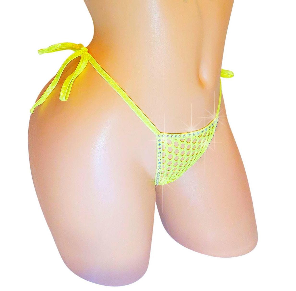 Glow Yellow Rhinestone Fishnet Thong - Rave Dancewear