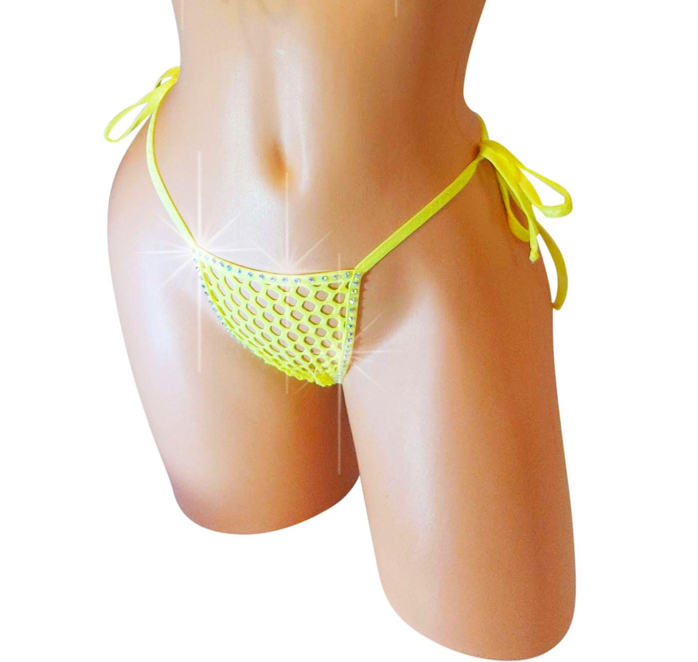 Glow Yellow Rhinestone Fishnet Thong - Rave Dancewear
