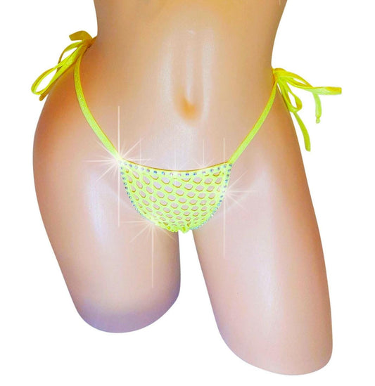 Glow Yellow Rhinestone Fishnet Thong - Rave Dancewear