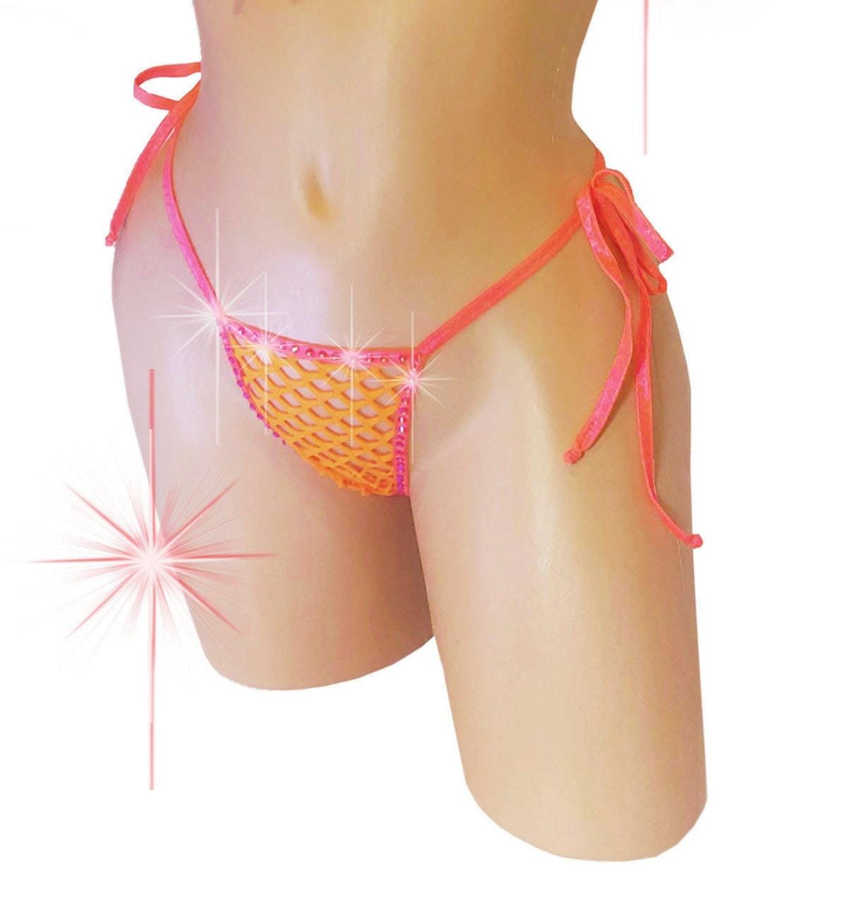 Neon Orange Rhinestone Fishnet Thong, Tie Side G-string