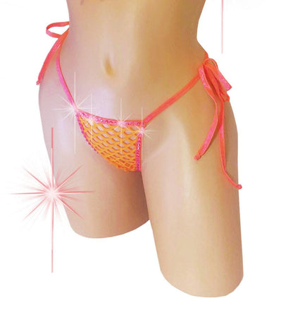 Neon Orange Rhinestone Fishnet Thong, Tie Side G-string