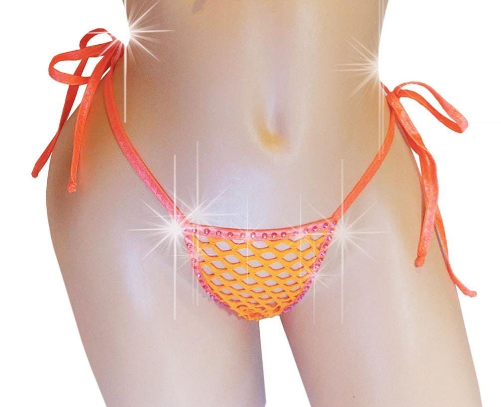 Neon Orange Rhinestone Fishnet Thong, Tie Side G-string