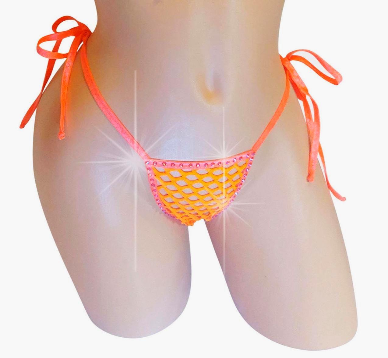 Neon Orange Rhinestone Fishnet Thong, Tie Side G-string