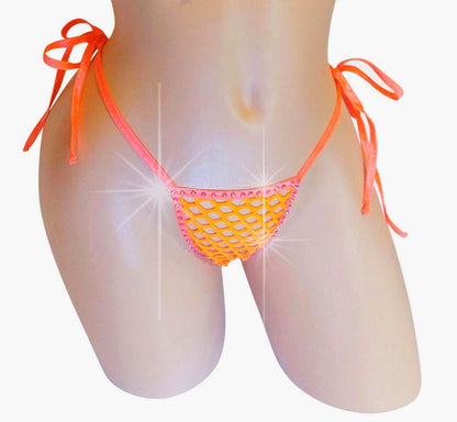 Neon Orange Rhinestone Fishnet Thong, Tie Side G-string