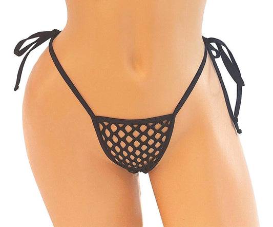 Seduce in a Black Fishnet Tie thong G-string - Five sizes from XS to XL - Exotic dancewear, stripper outfits, Rave, Pole dance * Fully LINED