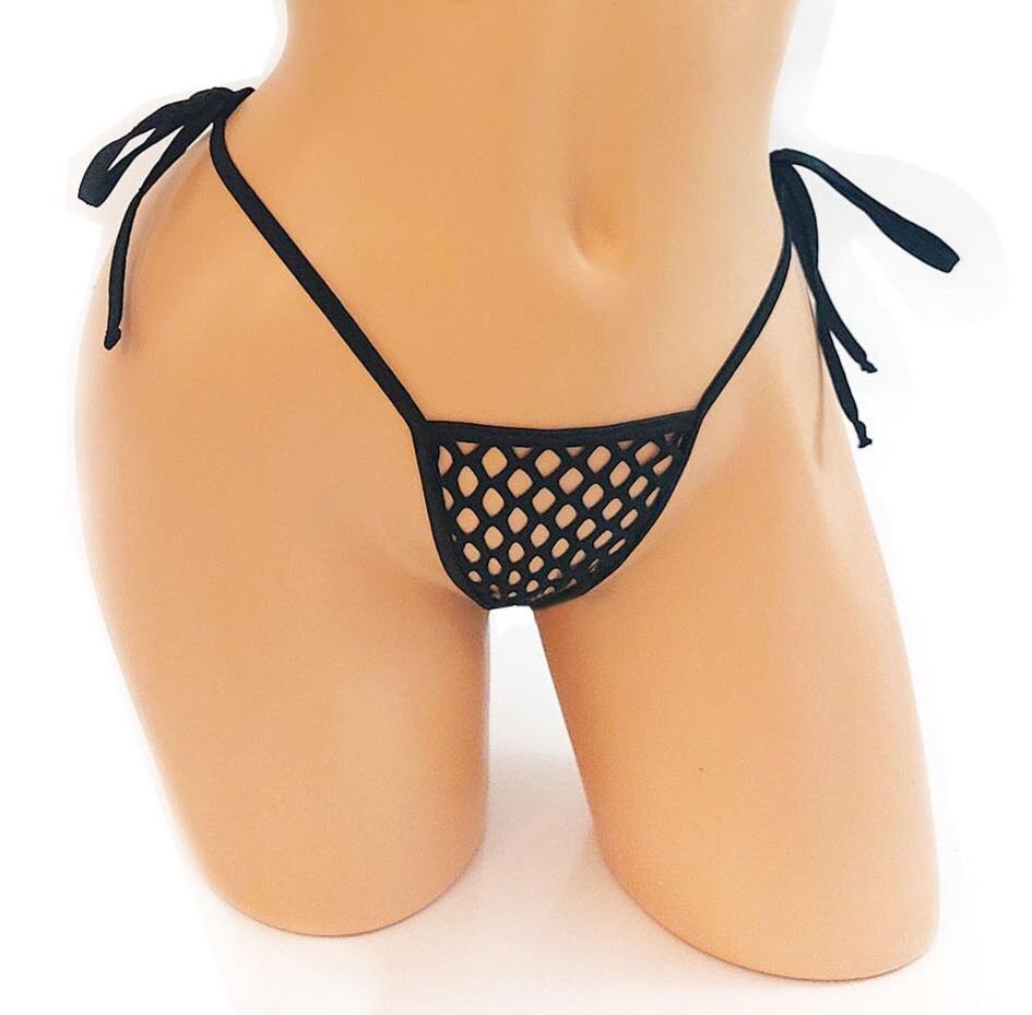 Seduce in a Black Fishnet Tie thong G-string - Five sizes from XS to XL - Exotic dancewear, stripper outfits, Rave, Pole dance * Fully LINED