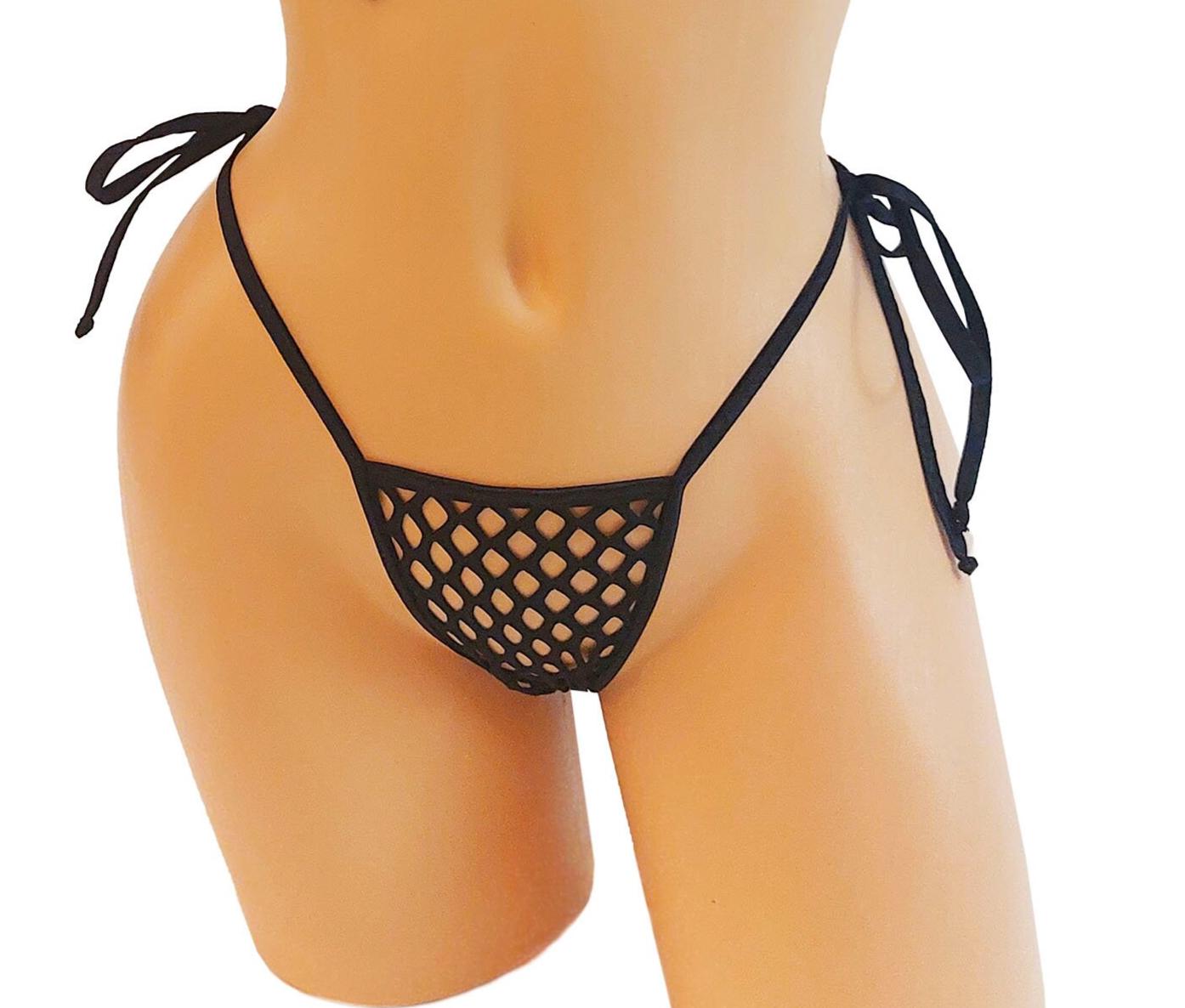 Seduce in a Black Fishnet Tie thong G-string - Five sizes from XS to XL - Exotic dancewear, stripper outfits, Rave, Pole dance * Fully LINED
