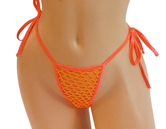 Glow in Black Light Neon Orange Fishnet Tie Side thong G-string - Five sizes XS - XL - Exotic dancewear Rave Pole Fully lined!