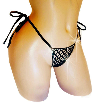 Black Rhinestone Fishnet Thong: Rave G-String, Exotic Dancewear