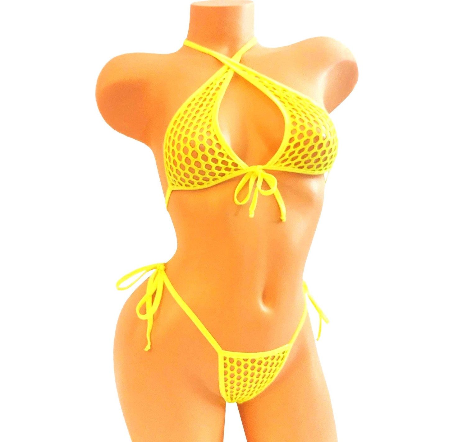 Fishnet Bikini Set – Rave Black Light Reactive, Neon Yellow Thong - 9 COLORS!