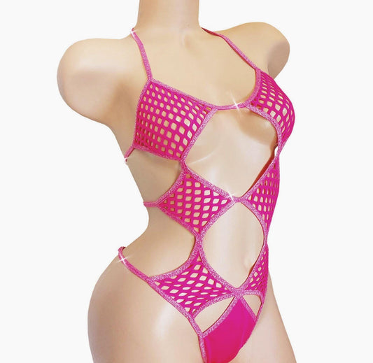 Fluffy Fishnet One-Piece: Adjustable Rave Pole Dancewear