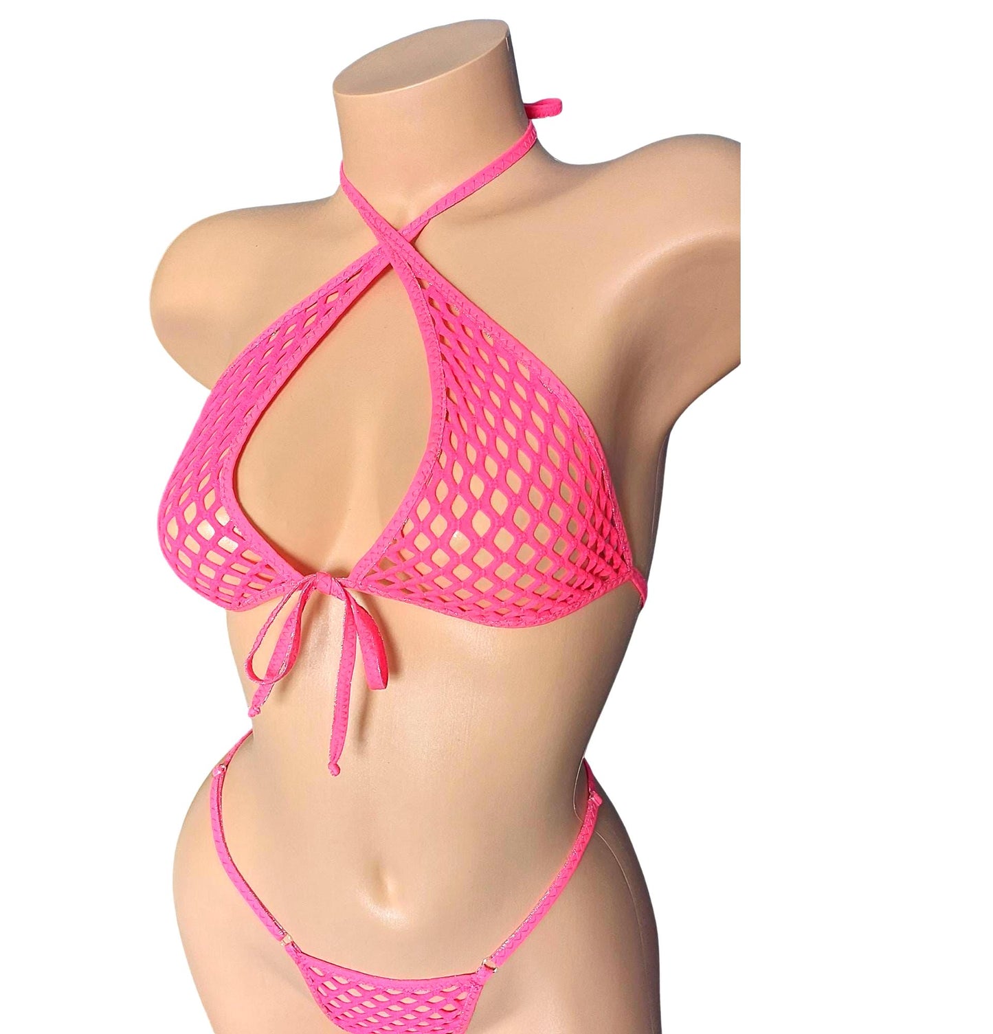 Pink Fishnet Halter Tie G-string Set - Mix & Match sizes - Fully Lined sizes Xs to XL - Rave Stripper Exotic dancewear Pole * AA to DD