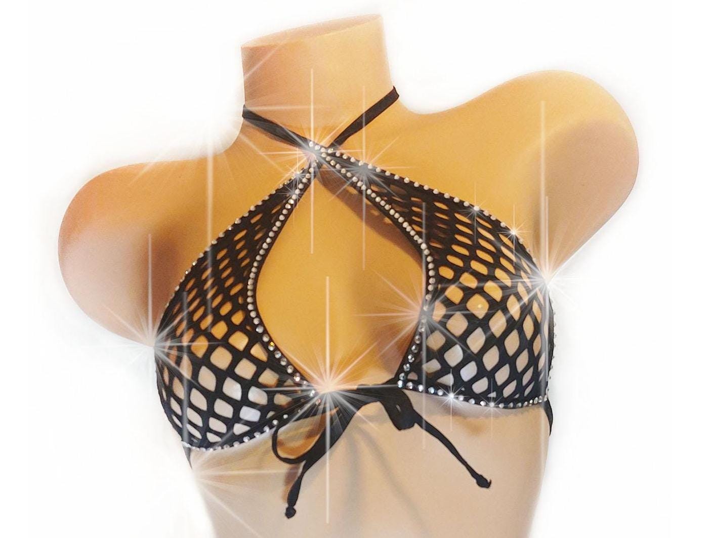 Rhinestone Fishnet Lingerie Set – Fully lined Halter Top & Adjustable Thong