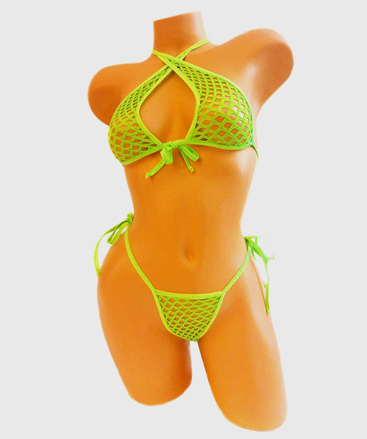 Electric Green Fishnet Halter & Tie G-string Set- 5 Mix and Match sizes * AA toDD cups * XS - XL bottoms * Fully lined * Glows Black Light!