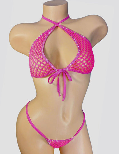Rhinestone Fishnet Lingerie Set – Fully lined Halter Top & Adjustable Thong