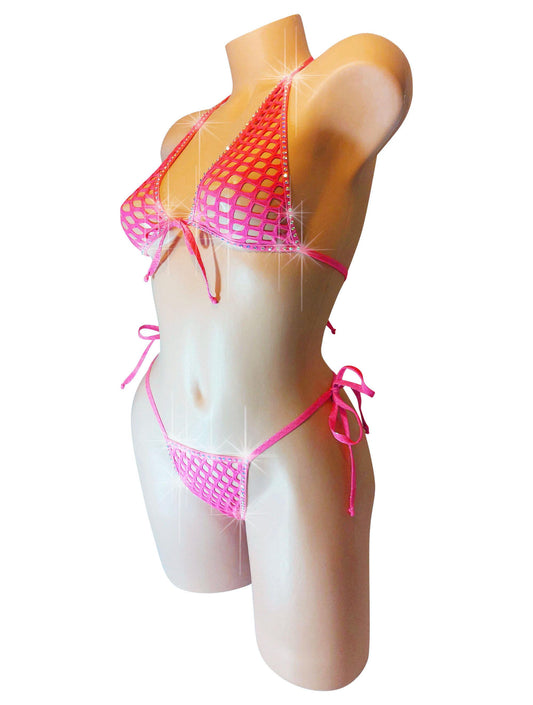 Rhinestone Fishnet Halter Set: Tie Side Thong, Rave Dancewear