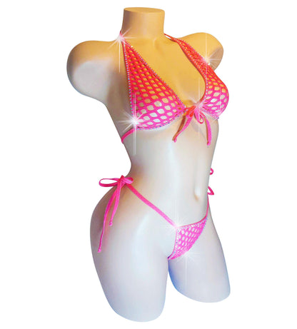 Rhinestone Fishnet Halter Set: Tie Side Thong, Rave Dancewear