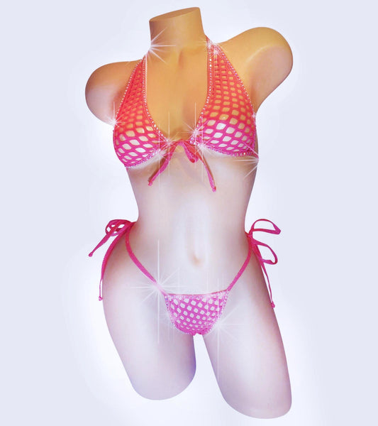 Rhinestone Fishnet Halter Set: Tie Side Thong, Rave Dancewear