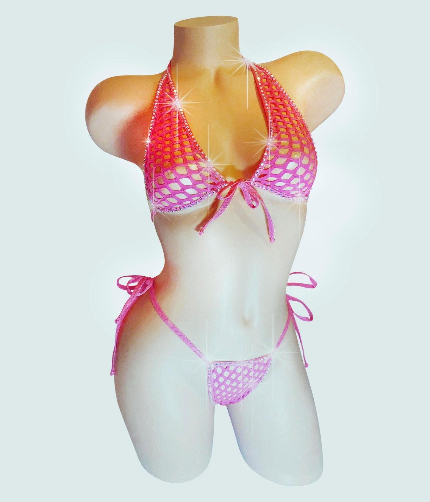 Rhinestone Fishnet Halter Set: Tie Side Thong, Rave Dancewear