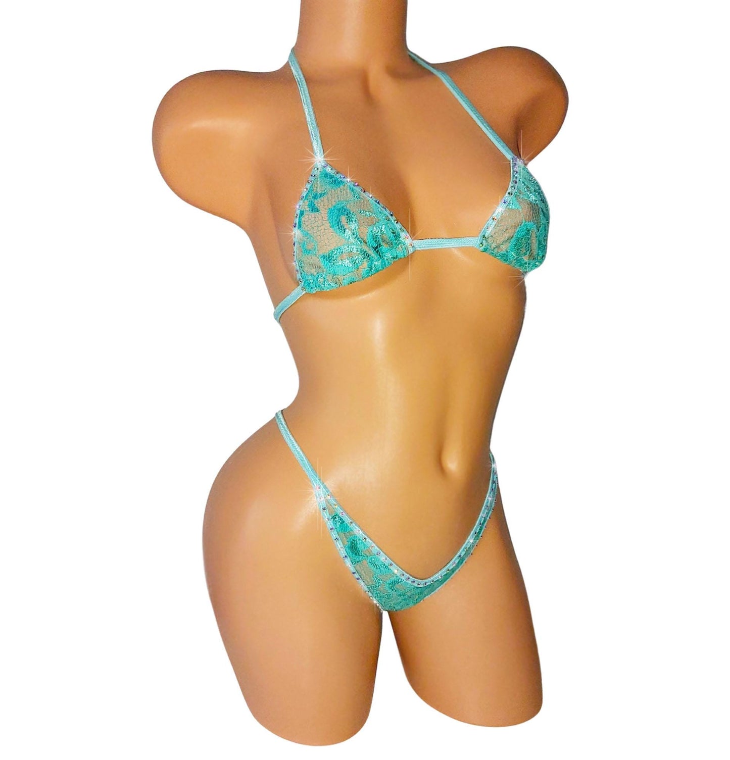 Seafoam Lace Rhinestone Bikini – Rave Dancewear, XS-XL - Lined or Unlined