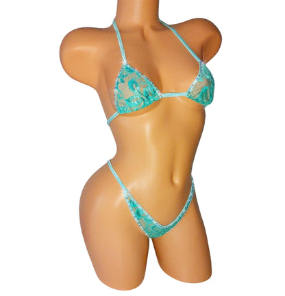 Seafoam Lace Rhinestone Bikini – Rave Dancewear, XS-XL - Lined or Unlined