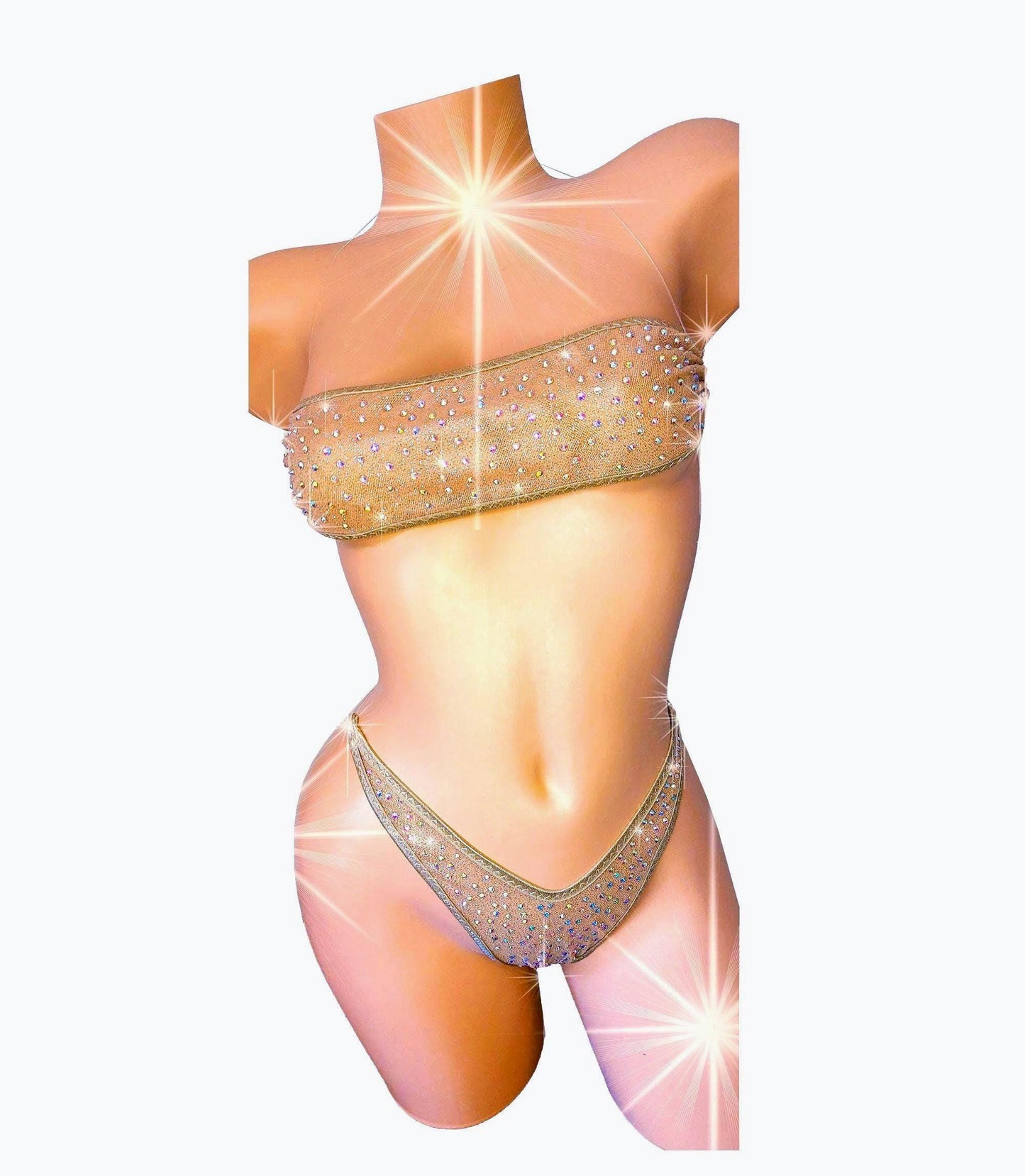 Fully lined STARDUST ILLUSION clear elastic RHINESTONE Bandeau top with thong - all adjustable!