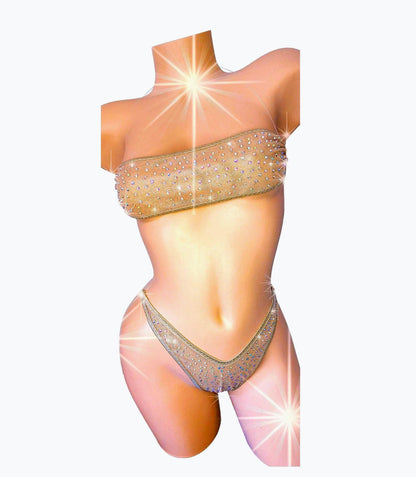 Fully lined STARDUST ILLUSION clear elastic RHINESTONE Bandeau top with thong - all adjustable!