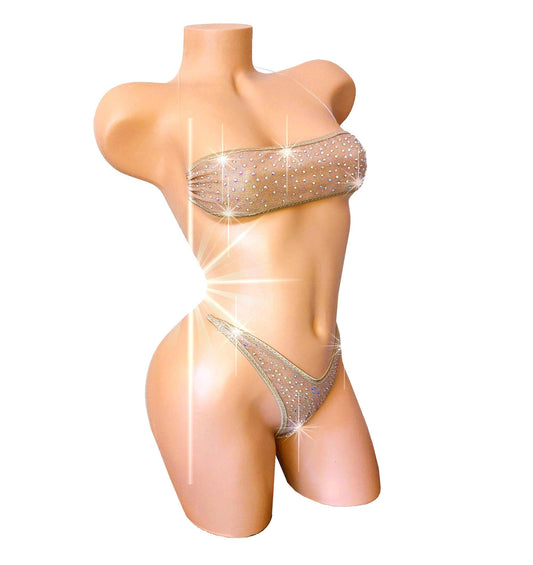 Fully lined STARDUST ILLUSION clear elastic RHINESTONE Bandeau top with thong - all adjustable!