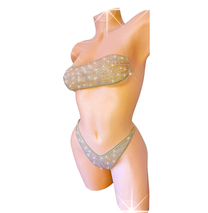 Fully lined STARDUST ILLUSION clear elastic RHINESTONE Bandeau top with thong - all adjustable!