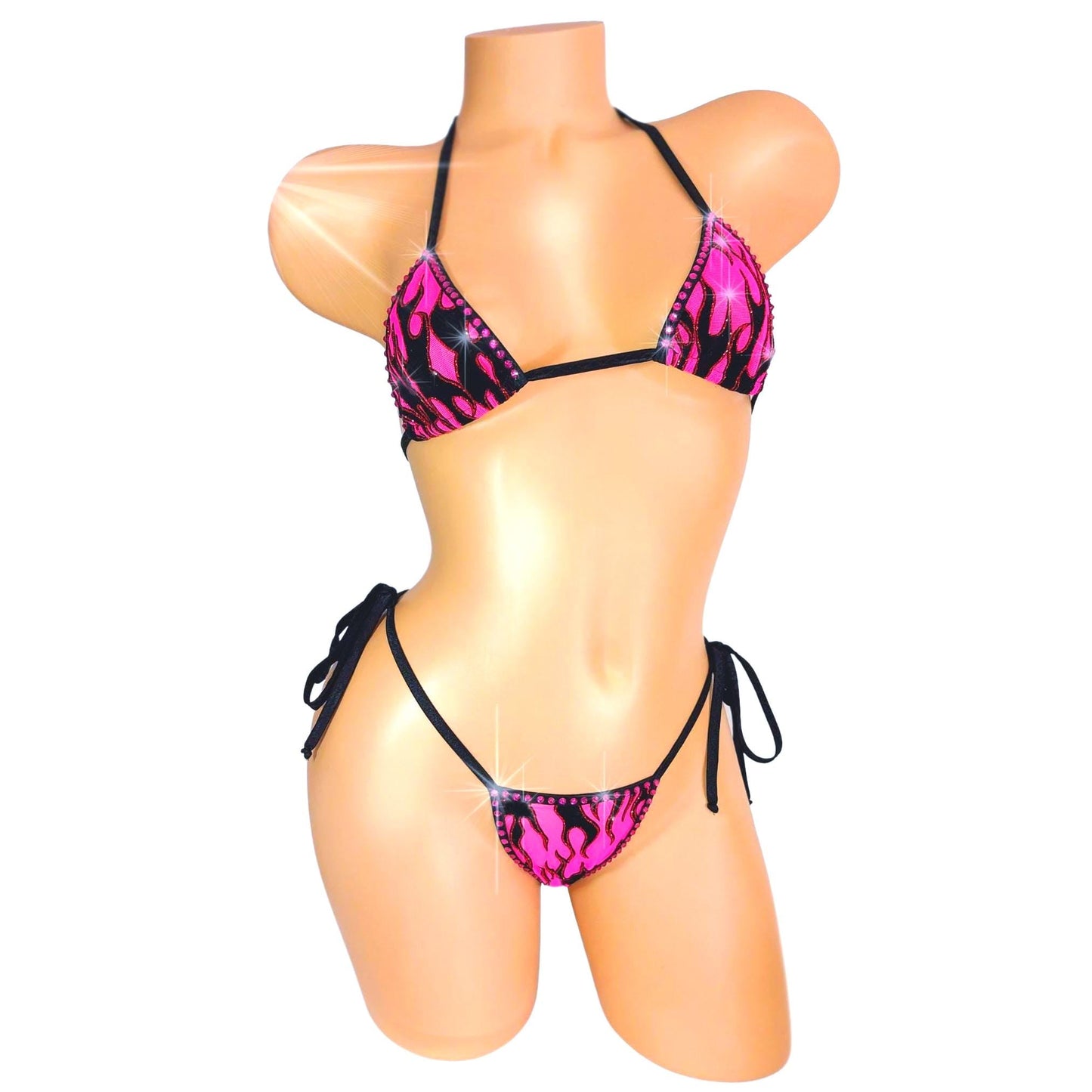 Hot Pink Flame Bikini – Rhinestone Tie G-string, Mix & Match Sizes