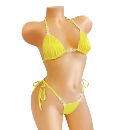 YOLO YELLOW Diamond accent Tie Side G-string Bikini Set with Rave style whale tail that follows your Exotic curves - 5 Mix & Match sizes!