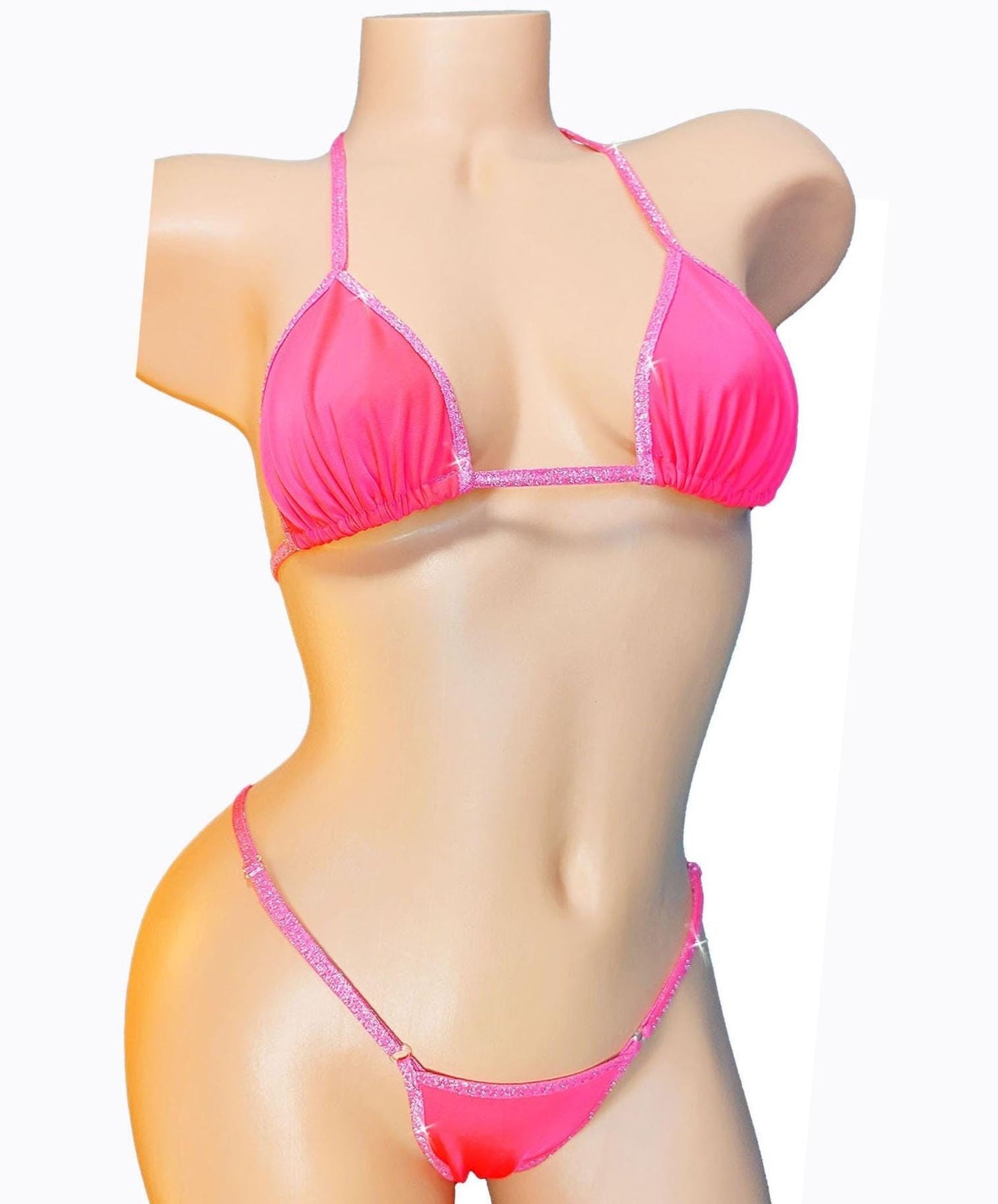 Neon Pink G-String Thong Bikini with Sparkle Trim (Adjustable, AA-DD Cup)