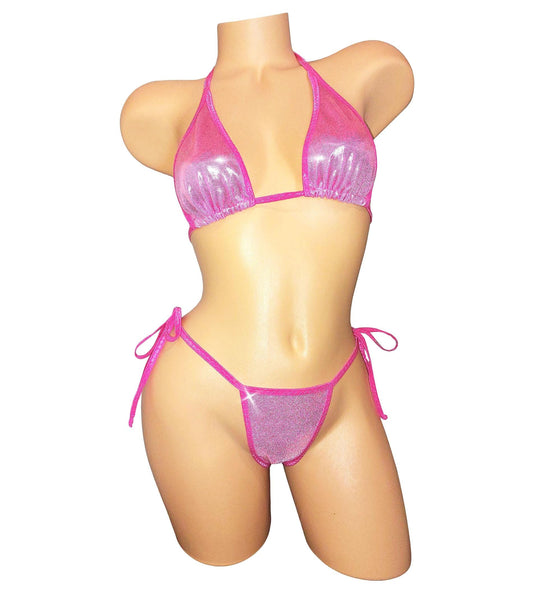 Pink Shimmer Micro Halter Top & Tie Side Set: Rave Pole Dance Outfit