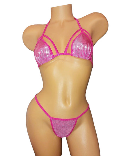 Pink Silver Shimmer G-string Bikini Set, Exotic Dancewear