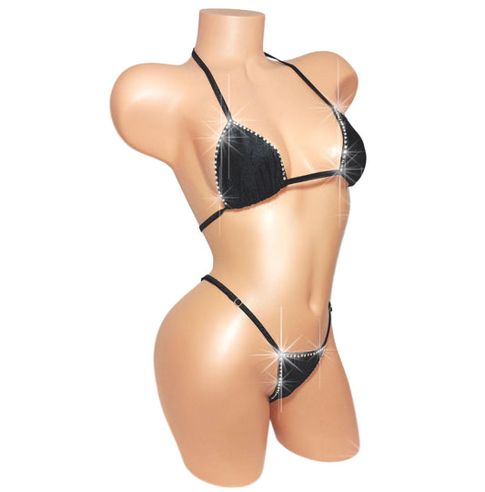 Black Onyx Rave Rhinestone G-string thong Bikini Adjustable waistband * 5 Mix & Match bottom sizes XSm to XL, tops AA - DD cup * 20+ colors