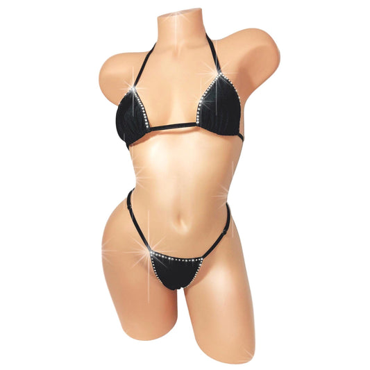 Black Onyx Rave Rhinestone G-string thong Bikini Adjustable waistband * 5 Mix & Match bottom sizes XSm to XL, tops AA - DD cup * 20+ colors