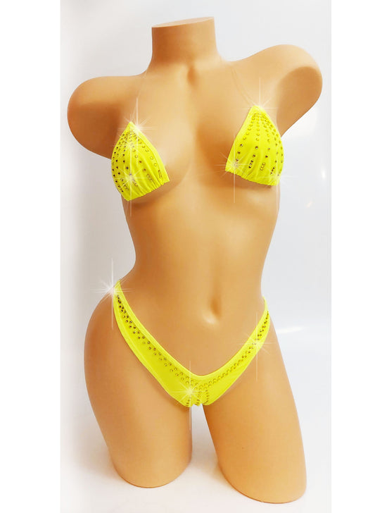 Neon Yellow Rhinestone Thong Bikini – Glows in Black Light