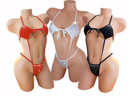 Rhinestone Slingshot one piece stripper monokini bikini - adjustable straps