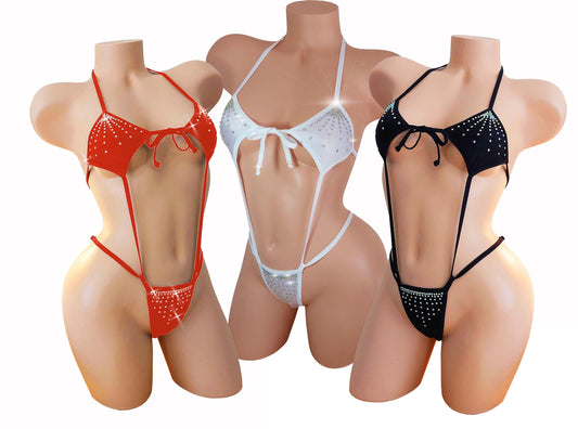 Rhinestone Slingshot one piece stripper monokini bikini - adjustable straps