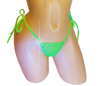 Neon Green Rhinestone Fishnet G-String: Rave Pole Dancewear