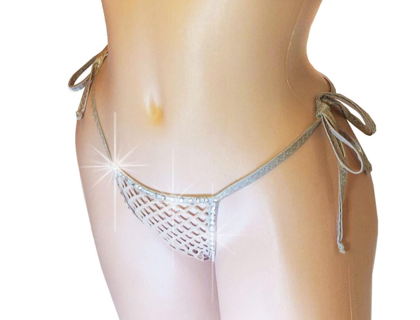 Rhinestone Fishnet Thong: Tie Side G-String, Rave Dancewear