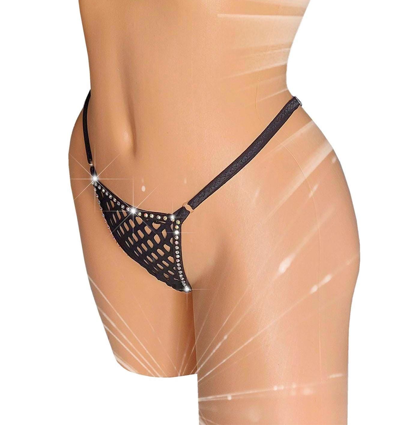 Black Rhinestone Fishnet Thong – Adjustable Rave G-String