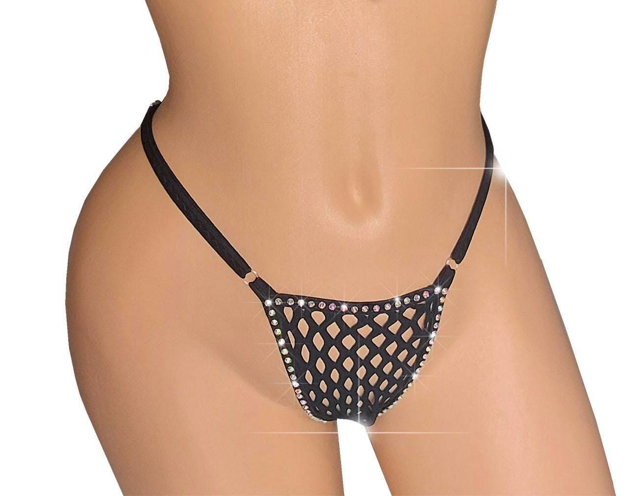 Black Rhinestone Fishnet Thong – Adjustable Rave G-String